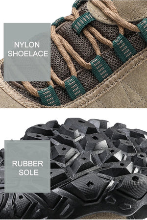 Close-up of hiking shoes with nylon shoelaces and rubber sole, highlighting features.
