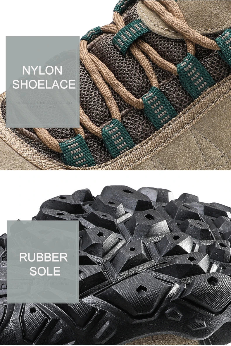 Close-up of hiking shoes with nylon shoelaces and rubber sole, highlighting features.
