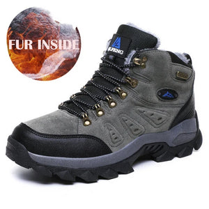 Gray hiking boot with black sole on a white background, featuring a 'Fur Inside' label.