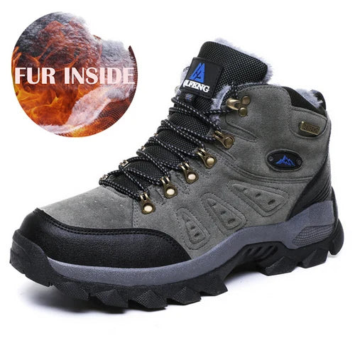 Gray hiking boot with black sole on a white background, featuring a 'Fur Inside' label.