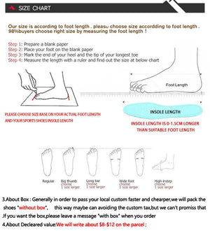 Size chart for shoes with foot measurement instructions and illustrations.