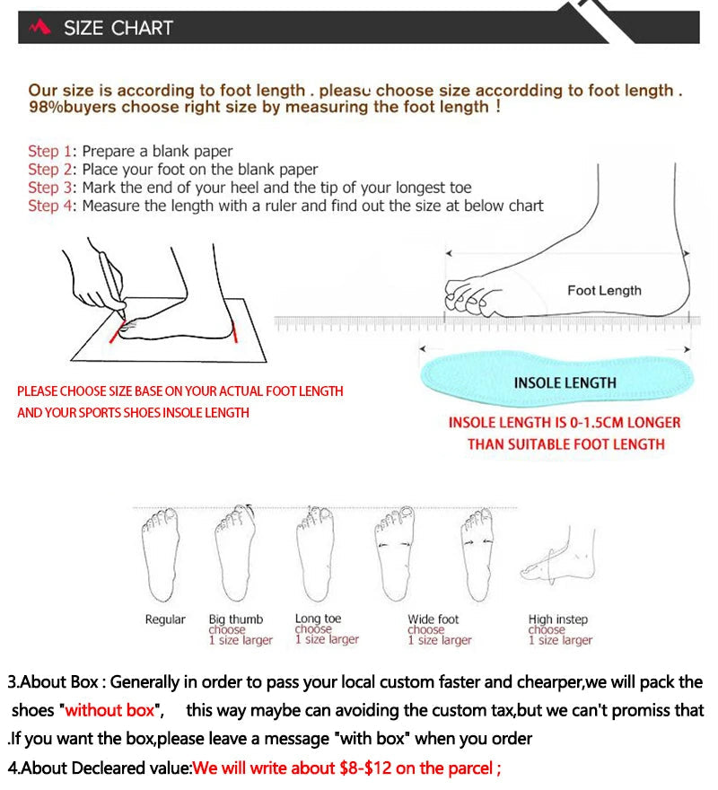 Size chart for shoes with foot measurement instructions and illustrations.