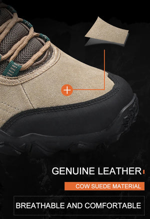 Beige hiking boot with black sole on a dark background, highlighting genuine leather and cow suede material.