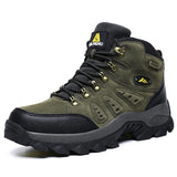Green hiking boot with black sole on a white background