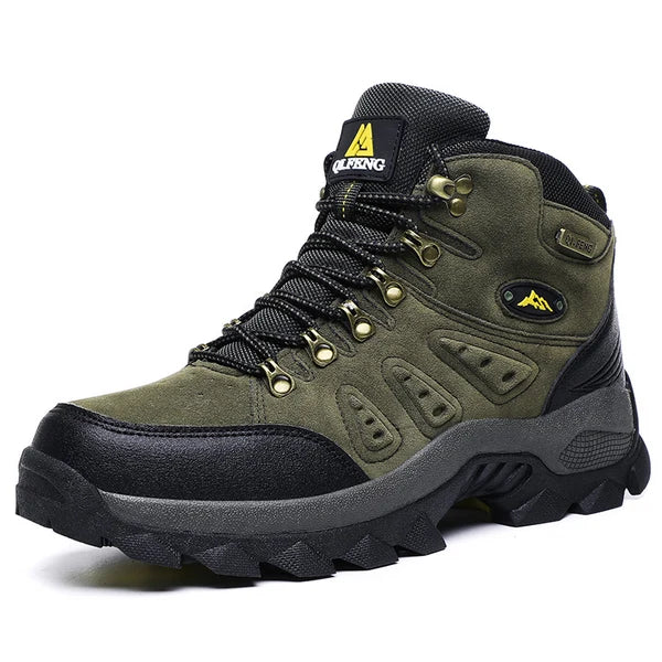 Green hiking boot with black sole on a white background