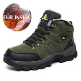 Green hiking boot with black sole on a white background, inset showing fur inside label.
