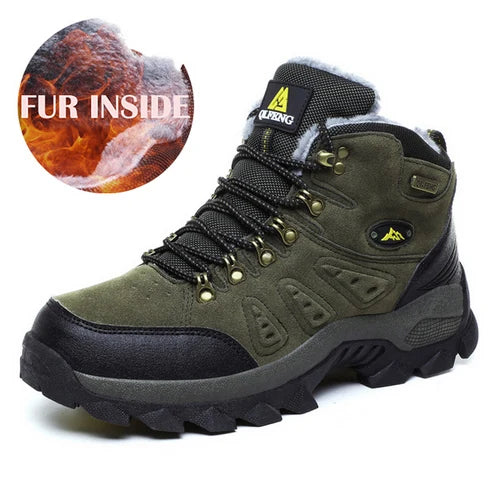 Green hiking boot with black sole on a white background, inset showing fur inside label.