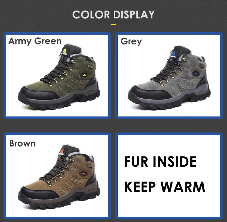 Three pairs of hiking boots in Army Green, Grey, and Brown with text indicating fur inside for warmth.