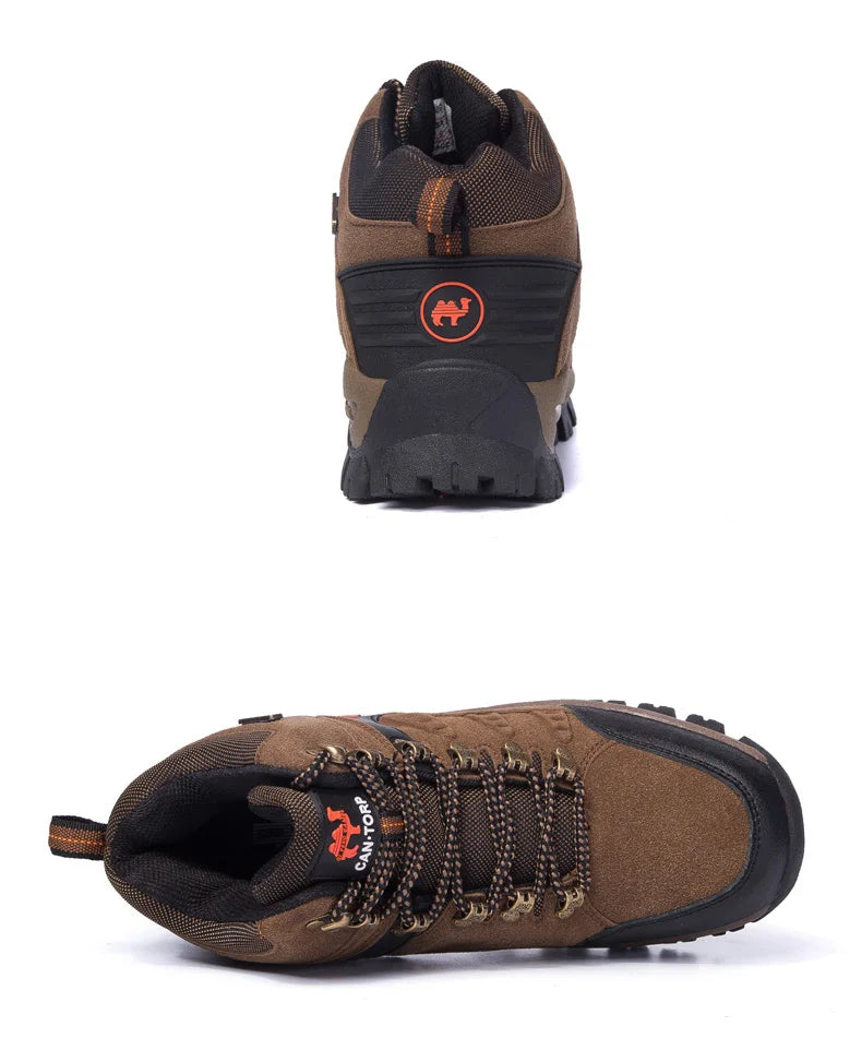 Brown hiking boot with black sole on a white background