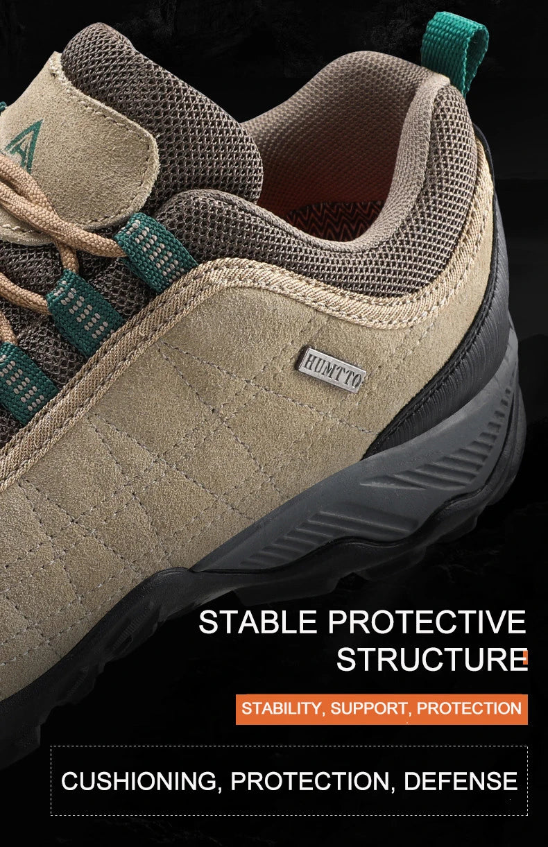 Beige hiking shoe with green laces on a black background, featuring text about shoe features.