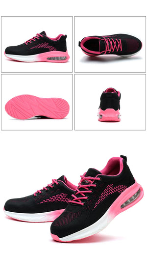 Black and pink Women's Safety Work Shoes shown in multiple views, including side, top, sole, and front angles, with a larger front view at the bottom on a white background.
