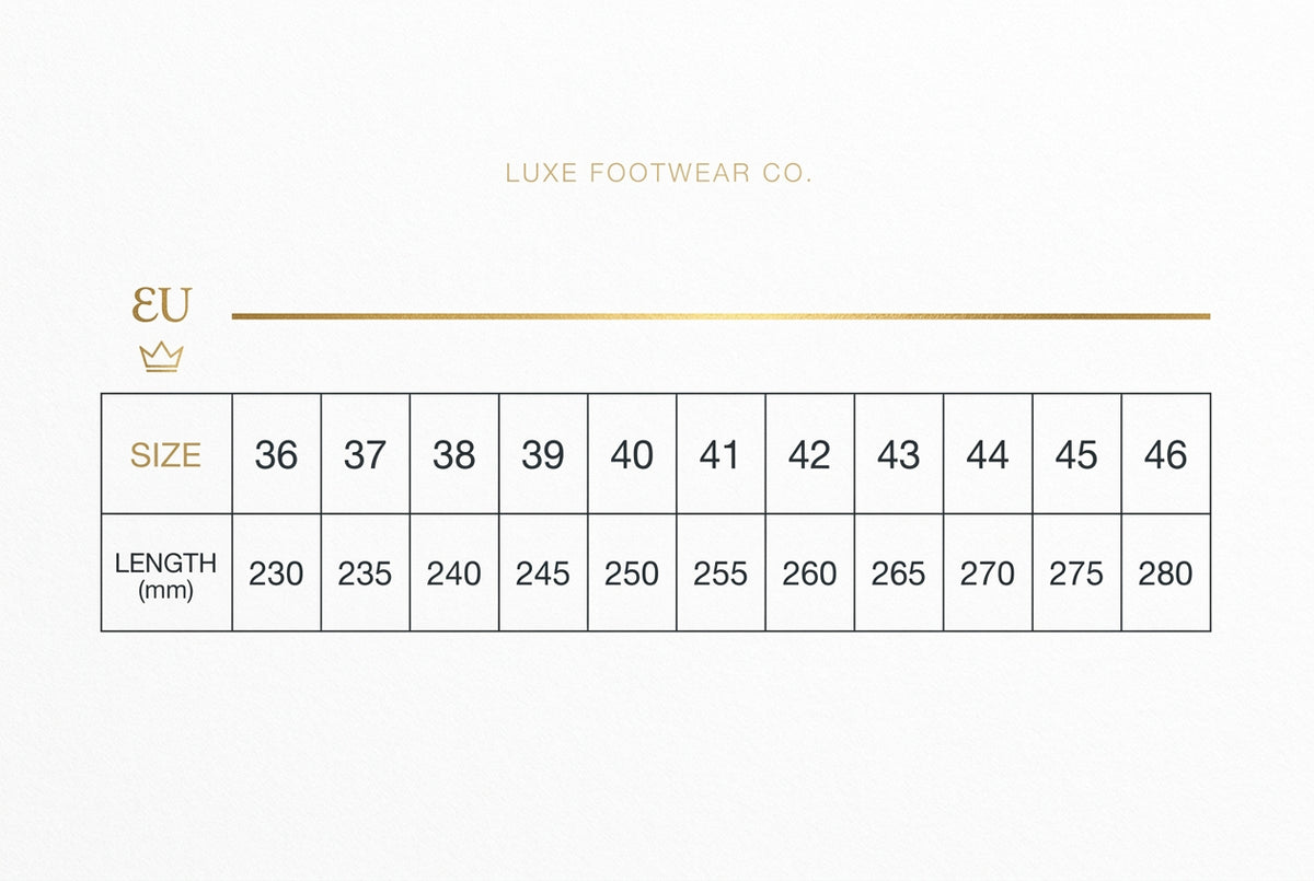 A size chart and functional feature summary, showing a table with shoe sizes 36 to 46 and corresponding foot lengths in millimeters on a light gray background.