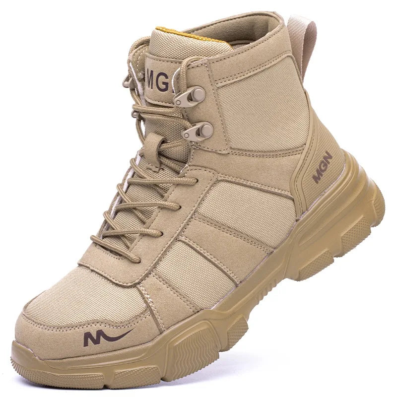 Beige boot with brand logo on a white background