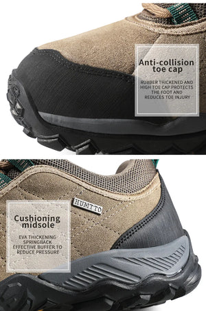 Hunting boots with anti-collision toe cap and cushioning midsole features.