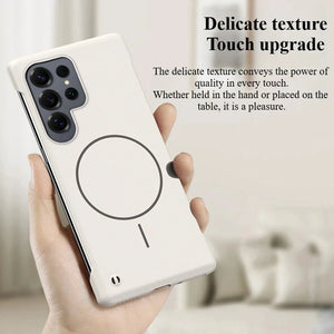 White phone case with delicate texture held by a hand, text about touch upgrade.