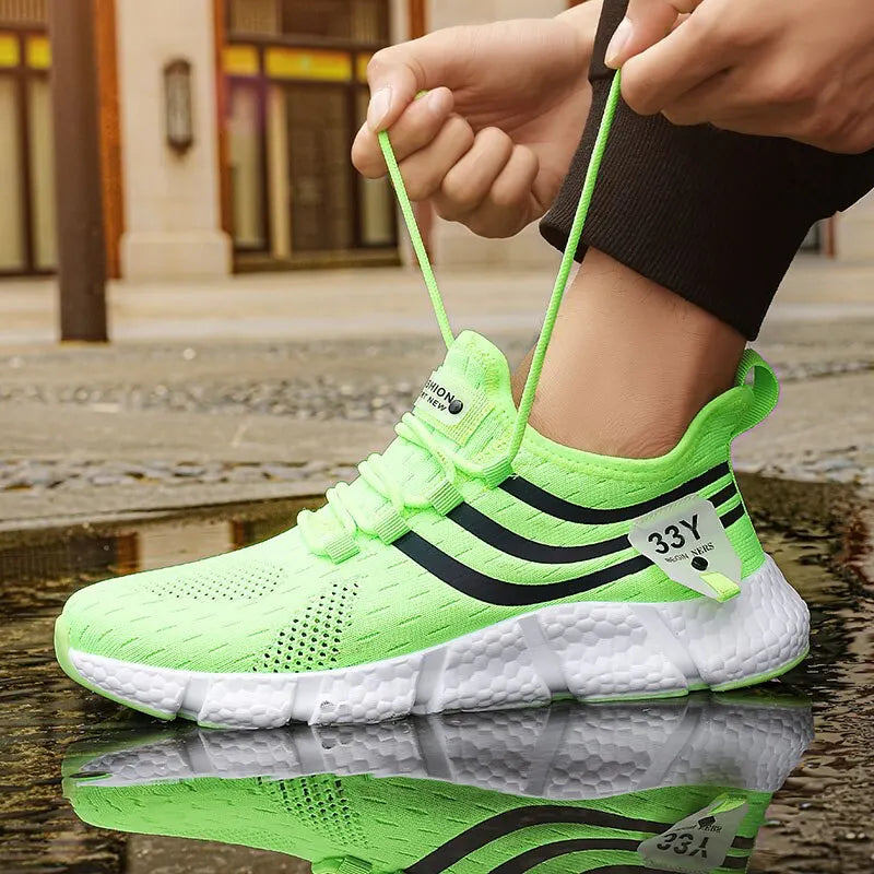 Person wearing a bright green running shoe with black stripes on a reflective surface.