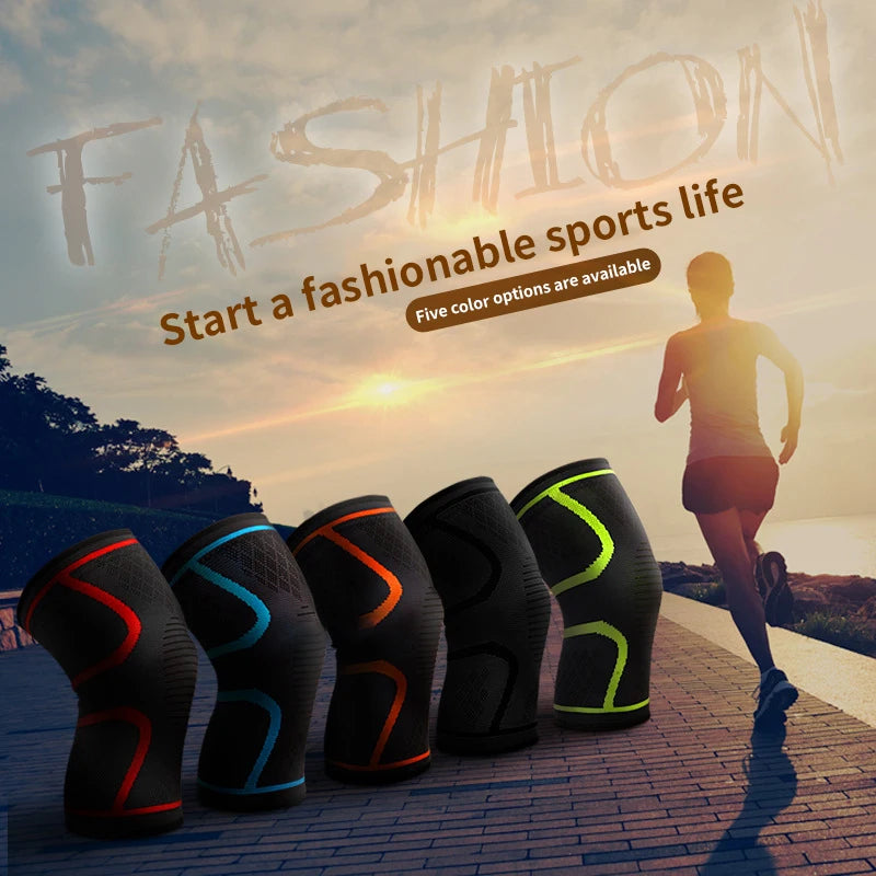 Knee pads displayed with a person running on a path, against a scenic background with 'Fashion' text.