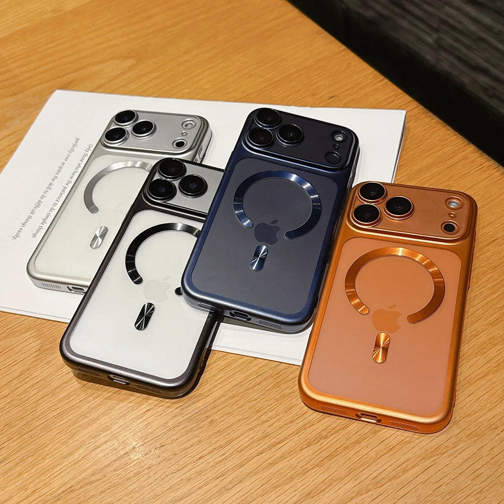 Four phone cases with Apple logo on a wooden surface