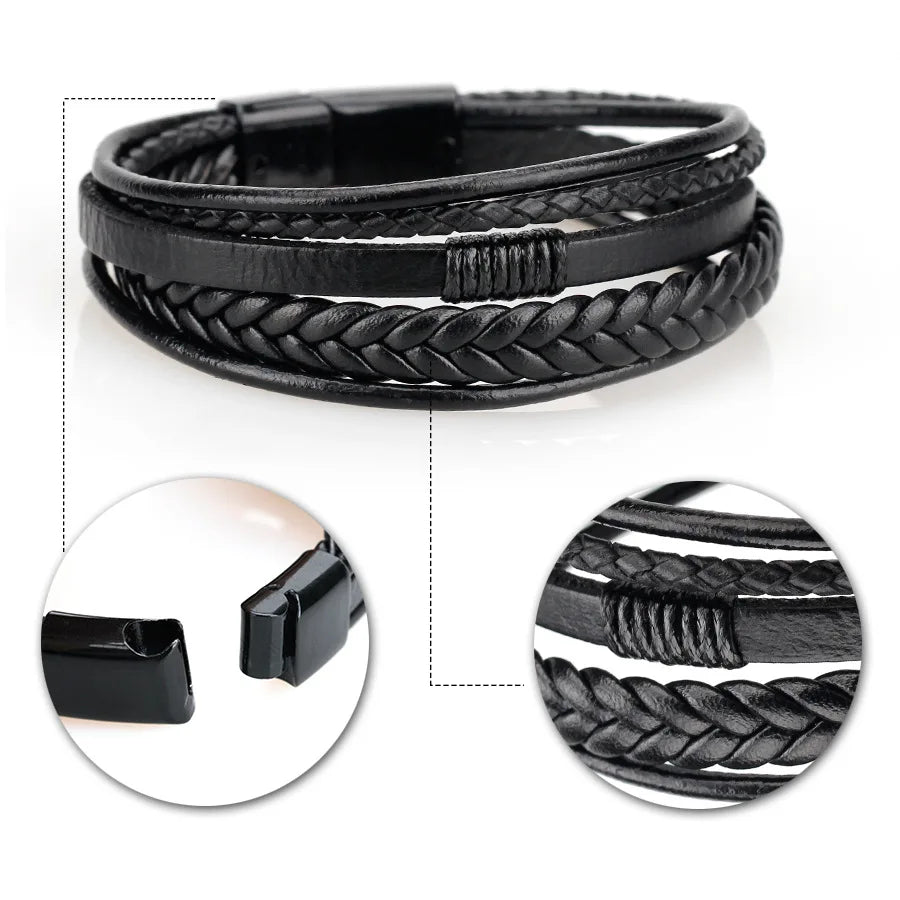 Mens braided leather bracelet with stainless steel clasp multilayer rope wristband