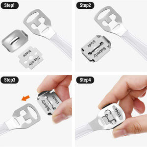 Step-by-step guide on how to use a white plastic clip with a metal buckle.