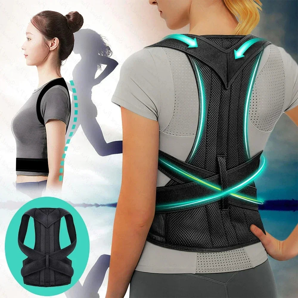 Person wearing a black and green Adjustable back support strap for shoulder alignment and daily posture comfort with inset showing product details.