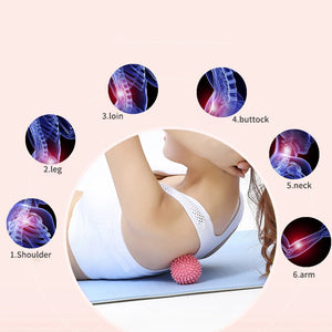 Woman using a massage ball with pain points diagrammed on a pink background