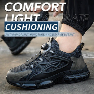 Black and gray work sneaker with text highlighting comfort, light weight, and cushioning features.