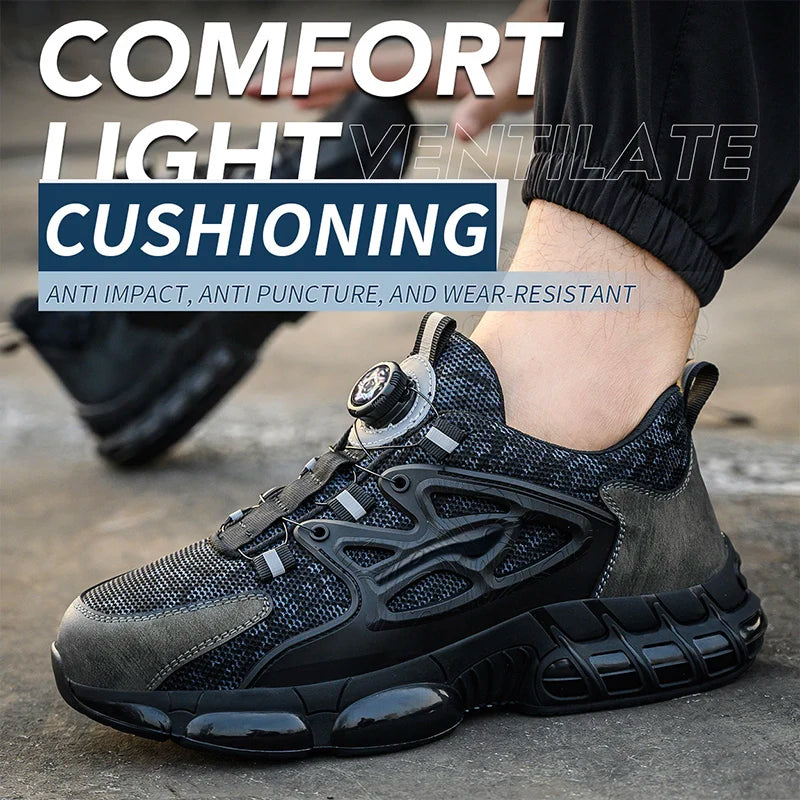 Black and gray work sneaker with text highlighting comfort, light weight, and cushioning features.