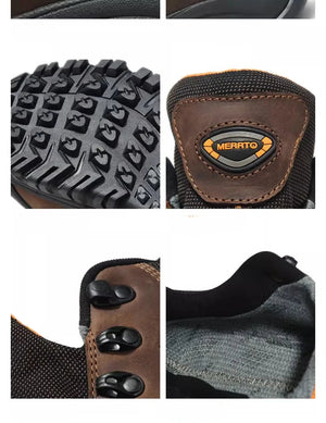 A six-panel close-up collage of a Merrito boot, showing the textured black rubber outsole, the brown and black heel tab with the Merrito logo, the lace closure, and the interior lining.