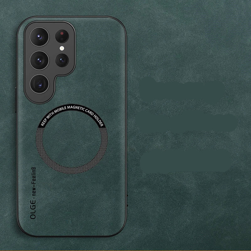 Forest Magnetic Armor Case for Samsung Galaxy with 'Luxury Leather' text on a matching background