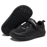 A pair of black toddler sneakers, with one shoe showing the textured sole and the other showing the side profile with a hook-and-loop strap featuring the brand name HOBIEAR.
