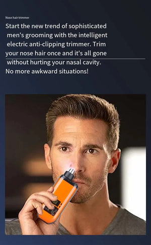 Man using an electric nose hair trimmer with promotional text on a dark background