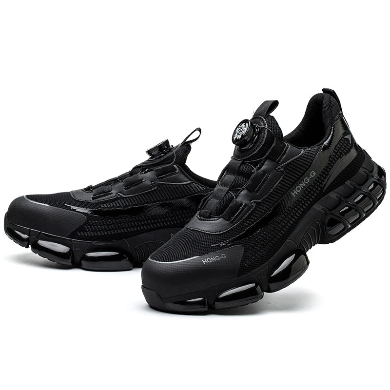 Black athletic work shoes with visible brand logo on a white background