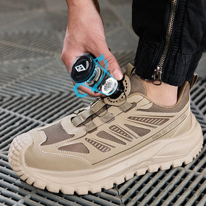 Person applying a product to a tan safety work shoe on a metal grate.