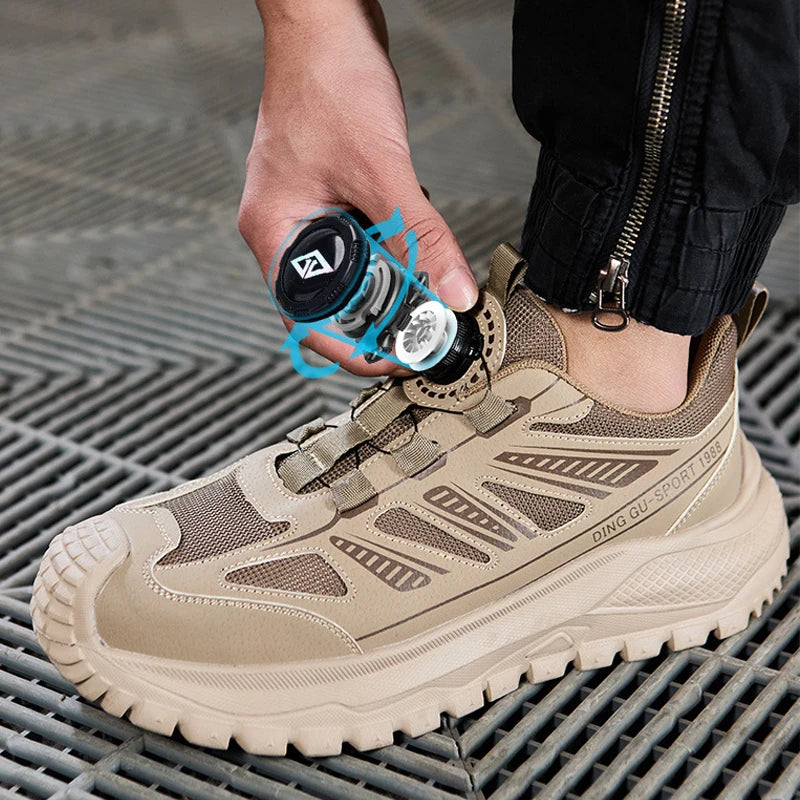 Person applying a product to a tan safety work shoe on a metal grate.