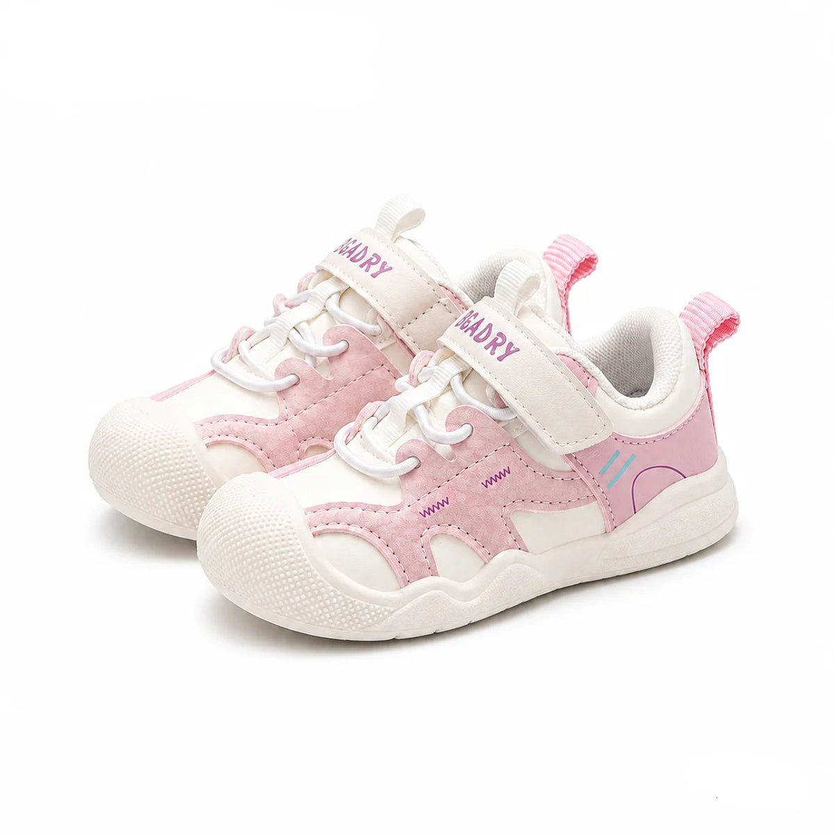 A pair of children's sneakers in pink and white, featuring hook-and-loop straps, lace-up front, and textured rubber soles, shown on a white background with 'PmwRun' branding and 'Pink' text.