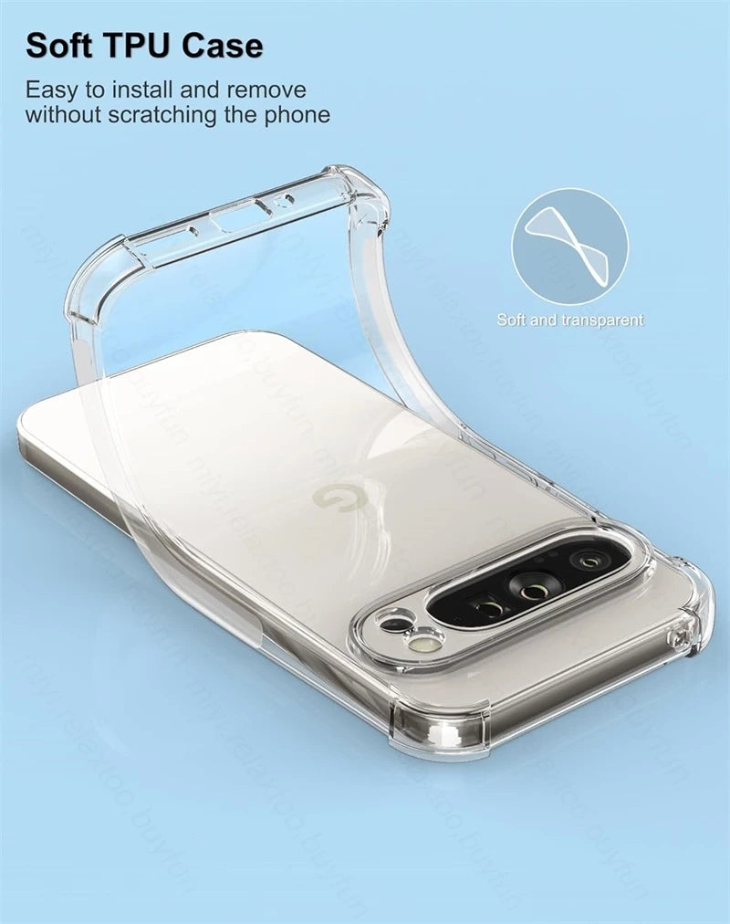 Clear soft TPU case for a phone on a light blue background