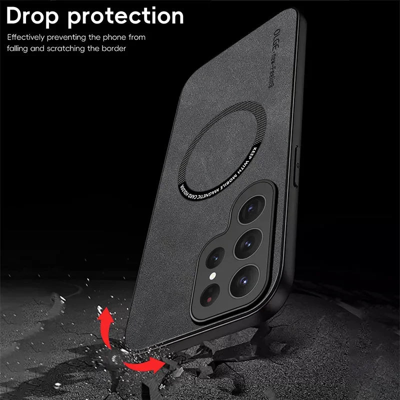 Magnetic Armor Case for Samsung Galaxy with drop protection feature on a black background