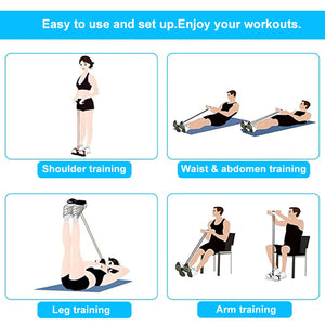 Illustrations of various fitness exercises using resistance bands on a blue background with text.