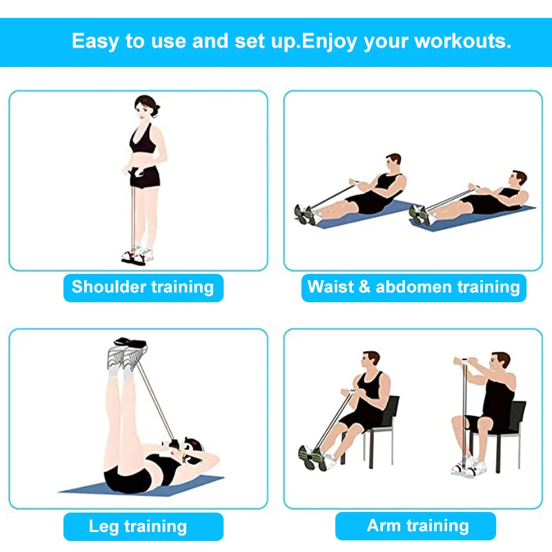 Illustrations of various fitness exercises using resistance bands on a blue background with text.