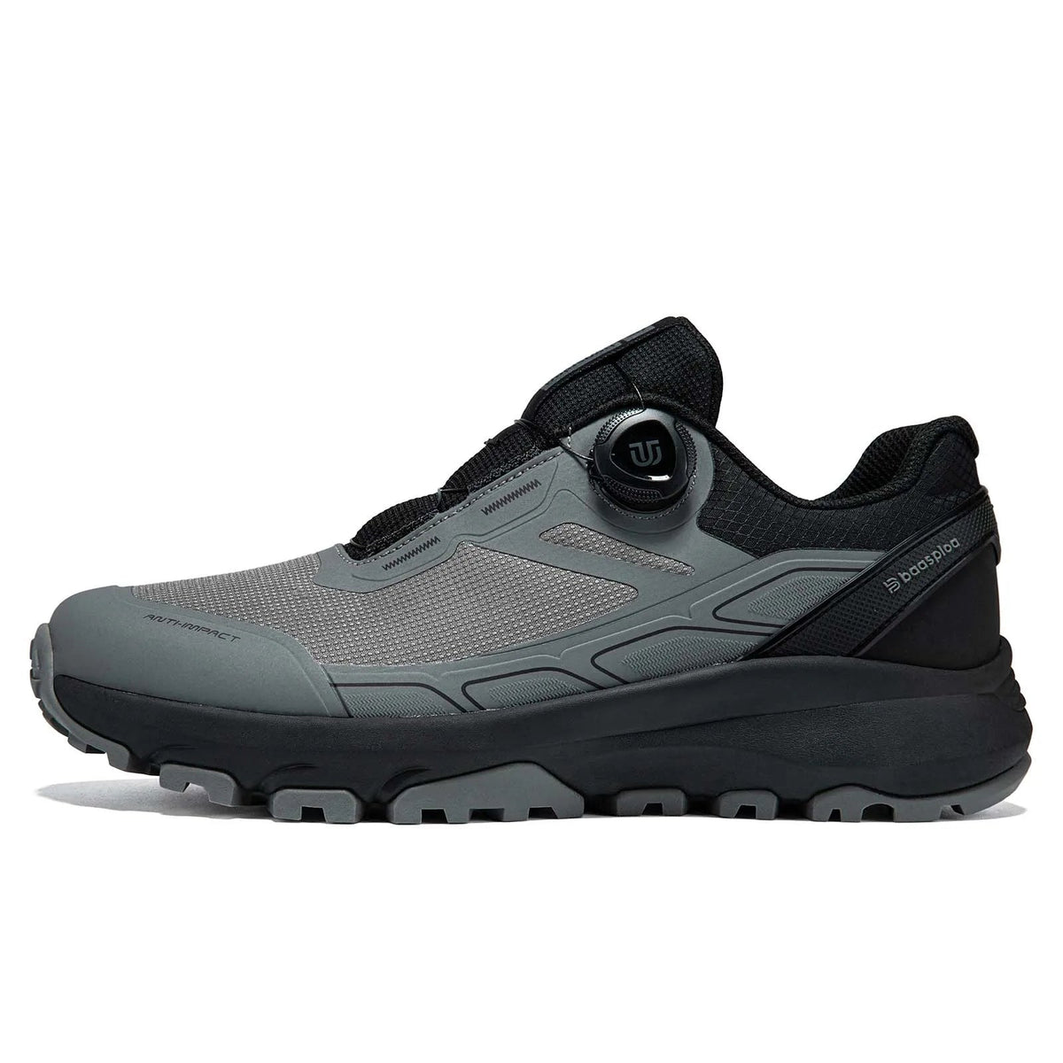 Gray and black athletic shoe with 'baasploa' branding on a white background