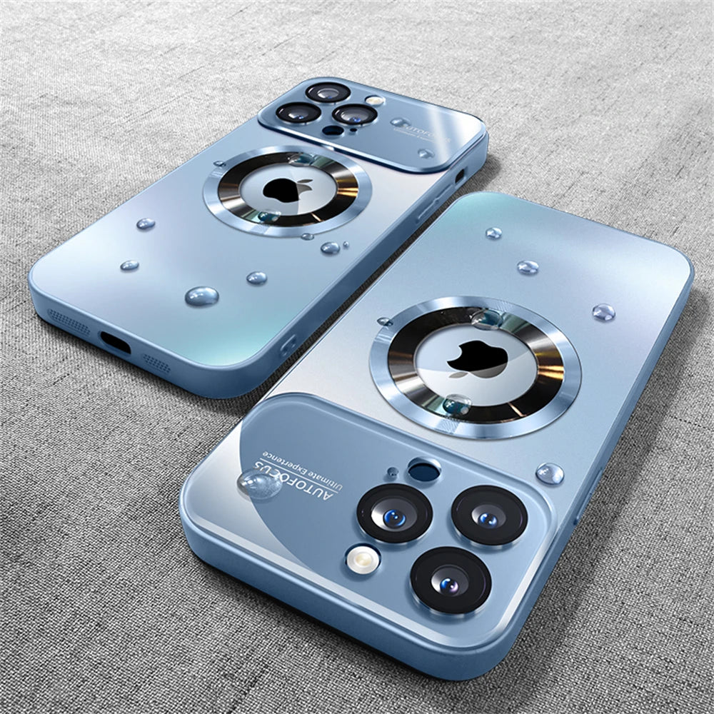 Two blue smartphones with camera modules on a textured surface
