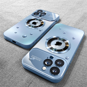 Two blue smartphones with camera modules on a textured surface