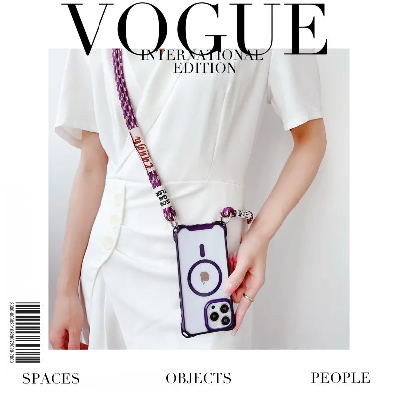 Strap Magnetic Clear Case for iPhone 11-17 Pro Max with Crossbody Lanyard Cord Shockproof cover with a person holding a phone case.