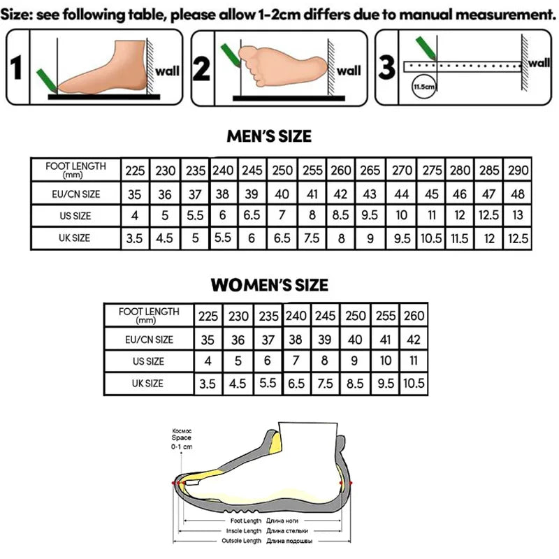 Measurement chart for shoe sizes with foot length and size conversions.