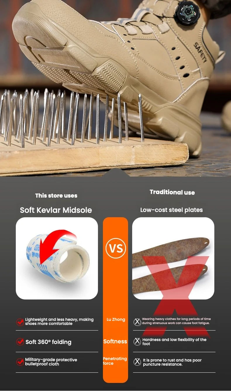 Tan boot with steel plate protection and comparison chart on a dark background