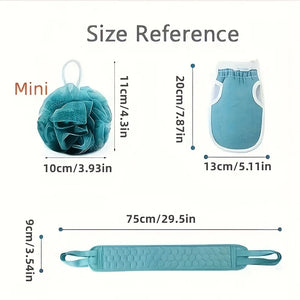 Size reference chart for a blue bath product with measurements in centimeters and inches.
