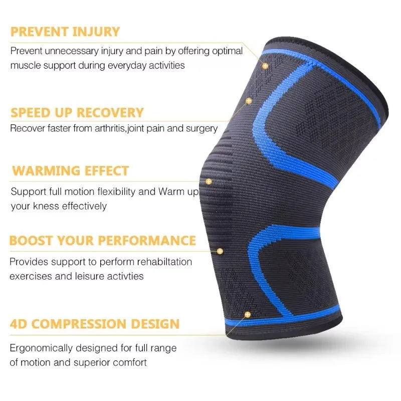 Knee brace with text highlighting its benefits on a white background