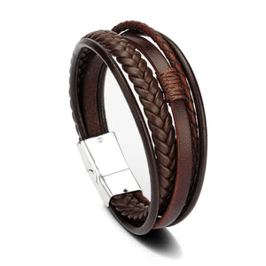 Mens braided leather bracelet with stainless steel clasp multilayer rope wristband