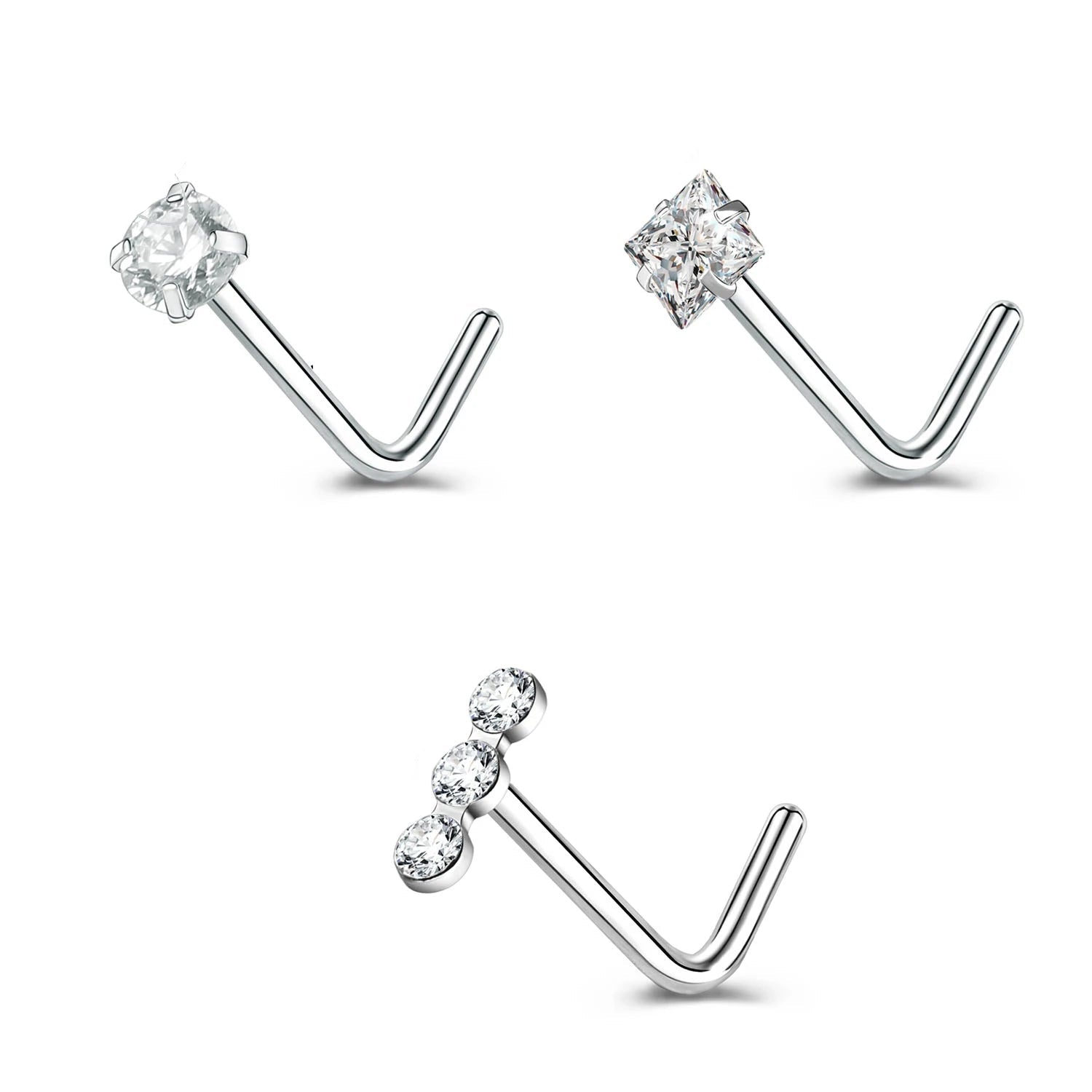 Gold & Silver Nose Stud Set – Heart Star Round L Shape Nostril Piercing 0.8x7mm